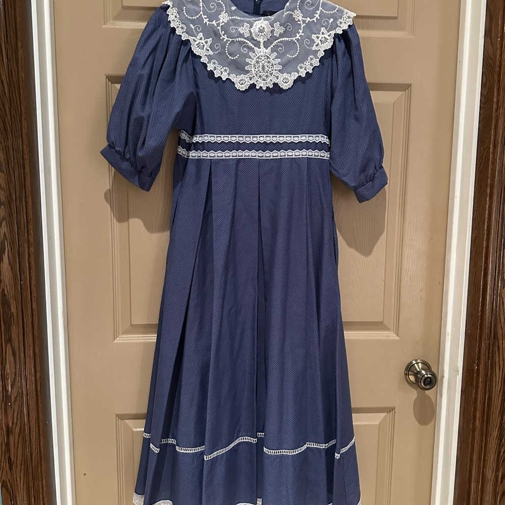 Gunne Sax Blue Midi Dress with Puff Sleeves and Bib Collar